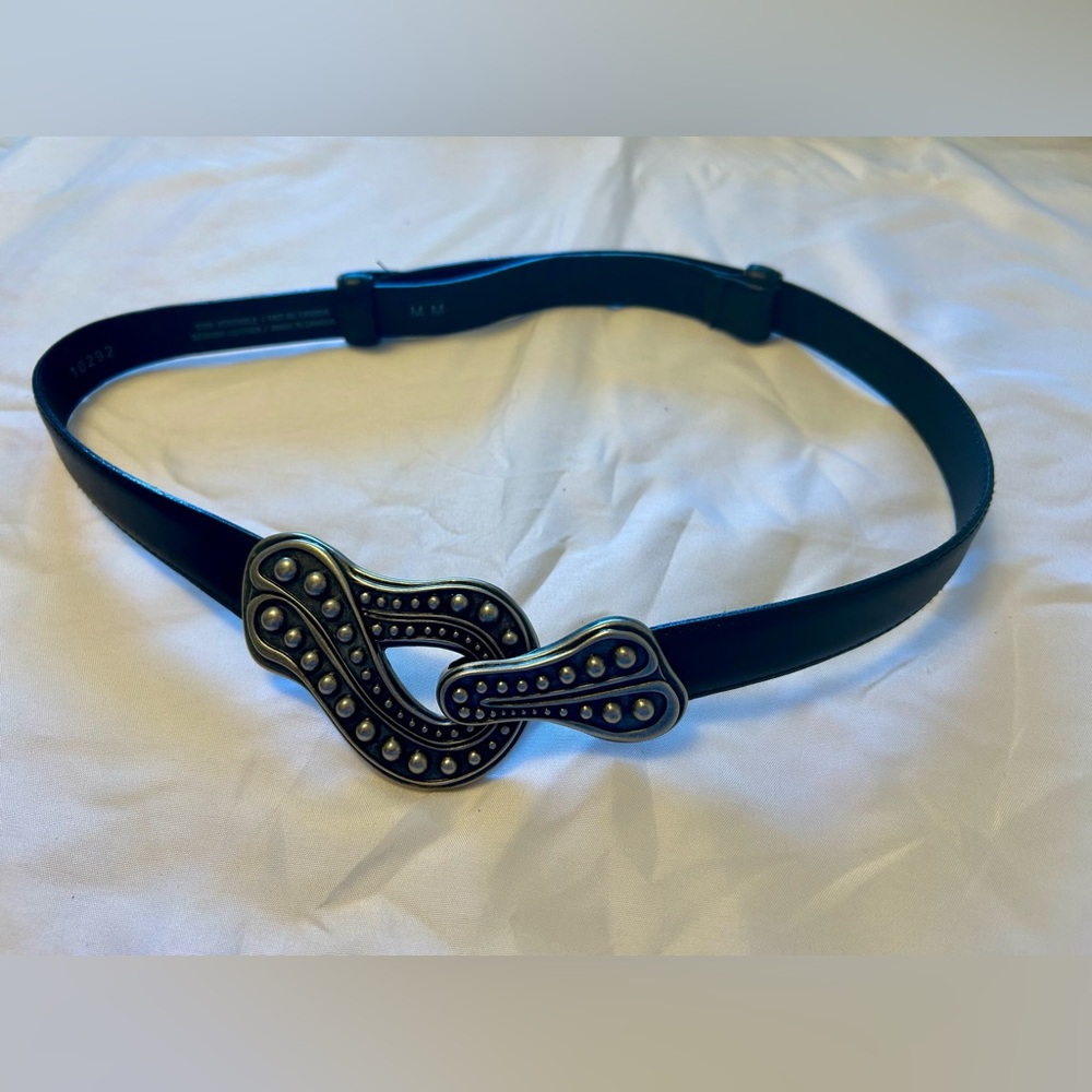 Women's Black Leather Belt with Decorative Silver Buckle